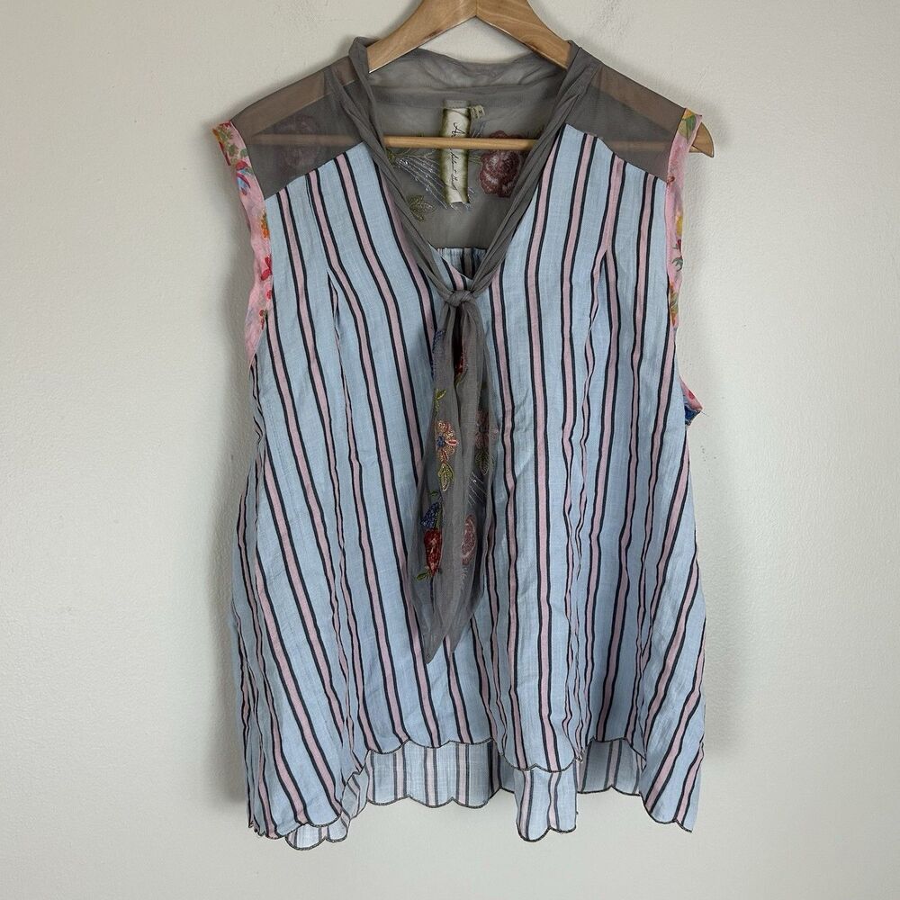 Aratta Silent Journey M Sleeveless Stripe Blouse Embroidered Tie Neck Top Floral